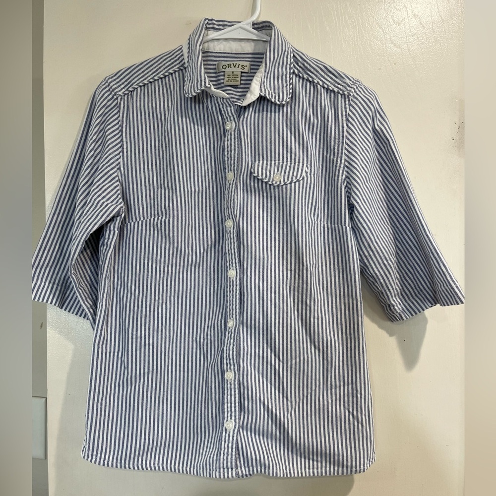 Orvis Woman’s 100% Cotton  3/4 Stripes Button Down Shirt